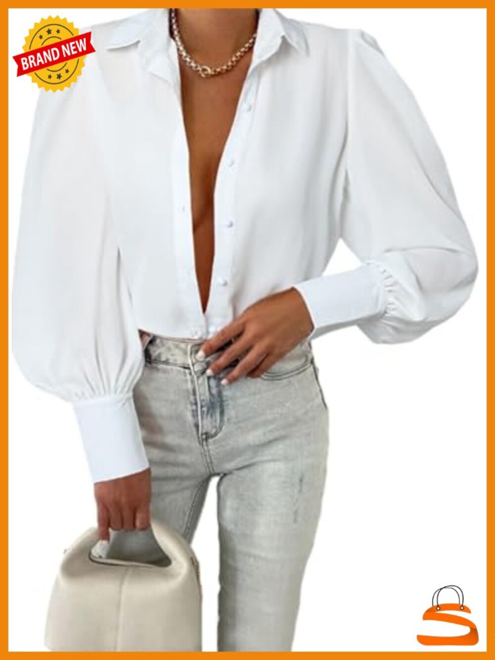 Women's Long Sleeve Button Down Blouse with Deep V-Neck and Puff Sleeves